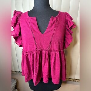 Anthropologie Caroline Ruffled Babydoll Metallic Accents Top Size Small